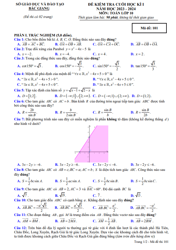 Đề kiểm tra cuối học kì 1 Toán 10 năm 2023 2024 sở GD&ĐT Bắc Giang