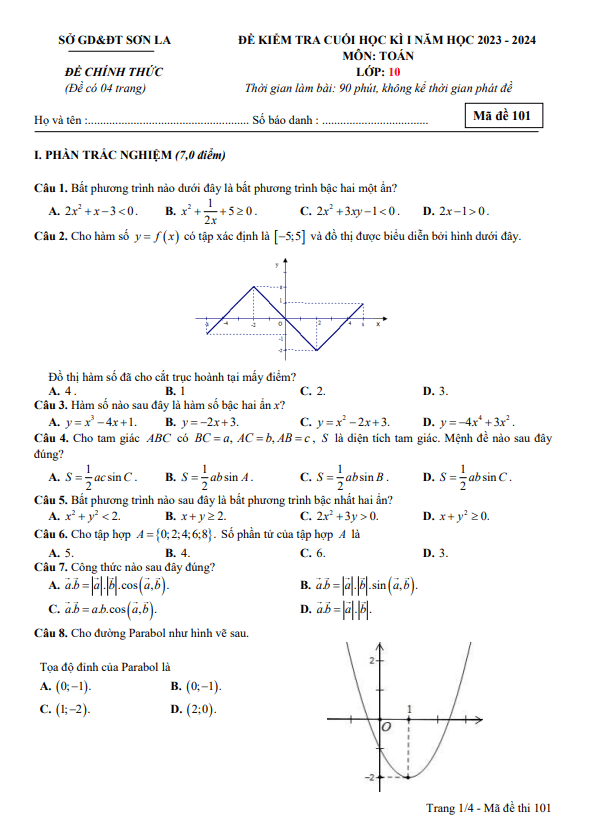 Đề kiểm tra cuối học kì 1 Toán 10 năm 2023 2024 sở GD&ĐT Sơn La