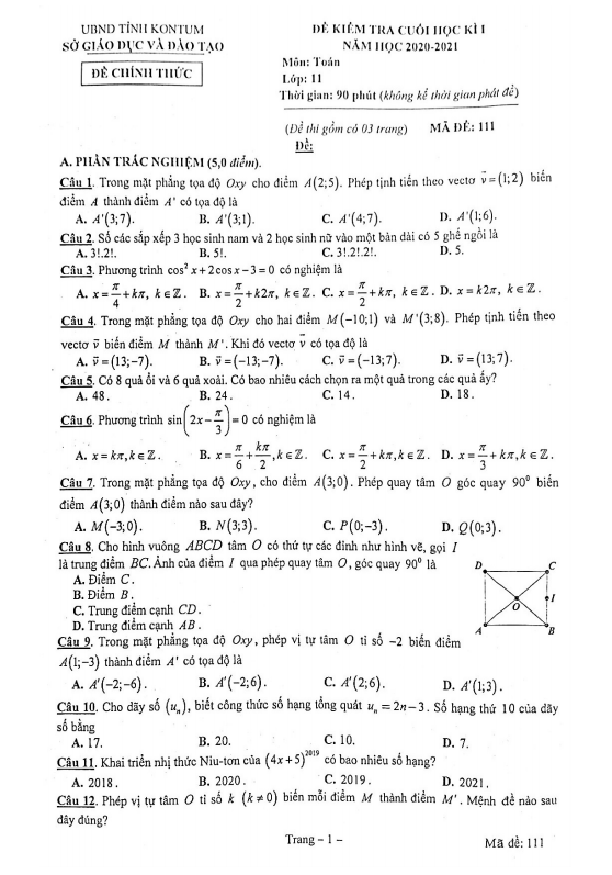 Đề kiểm tra cuối học kì 1 Toán 11 năm 2020 2021 sở GD&ĐT Kon Tum