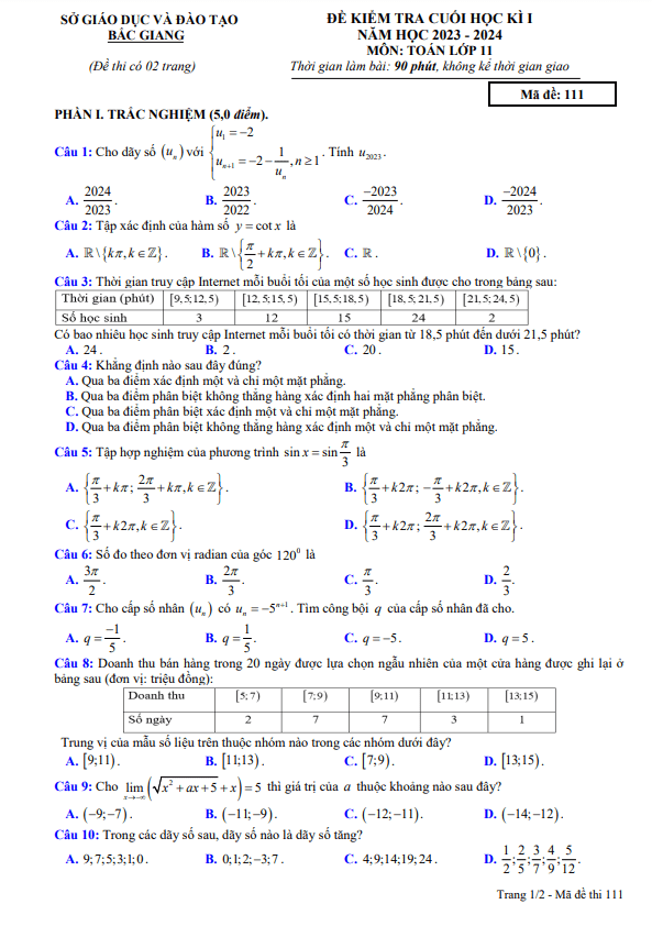 Đề kiểm tra cuối học kì 1 Toán 11 năm 2023 2024 sở GD&ĐT Bắc Giang