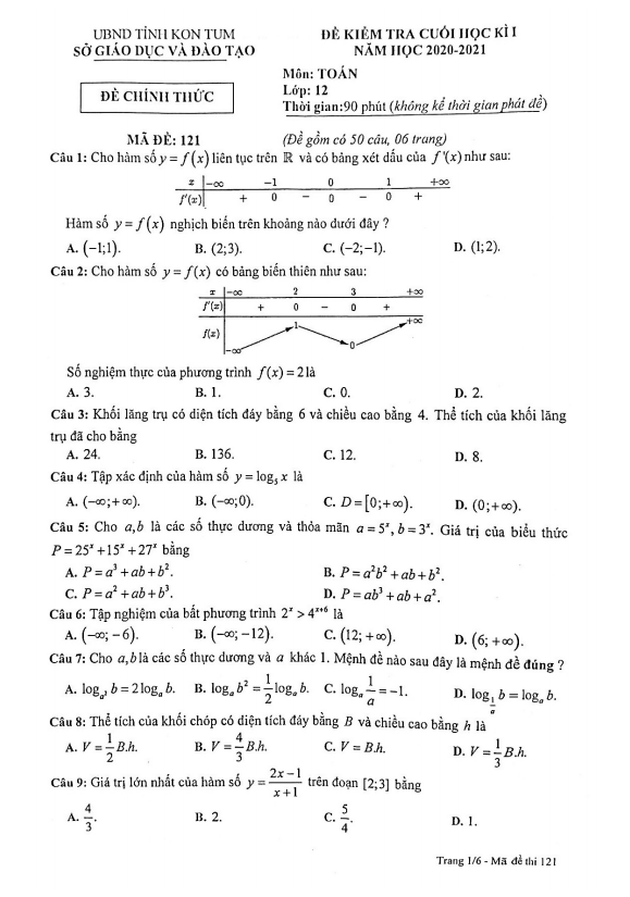 Đề kiểm tra cuối học kì 1 Toán 12 năm 2020 2021 sở GD&ĐT Kon Tum
