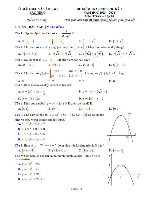 Đề kiểm tra cuối học kỳ 1 Toán 10 năm 2023 2024 sở GD&ĐT Bắc Ninh