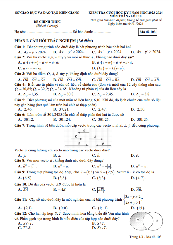 Đề kiểm tra cuối học kỳ 1 Toán 10 năm 2023 2024 sở GD&ĐT Kiên Giang