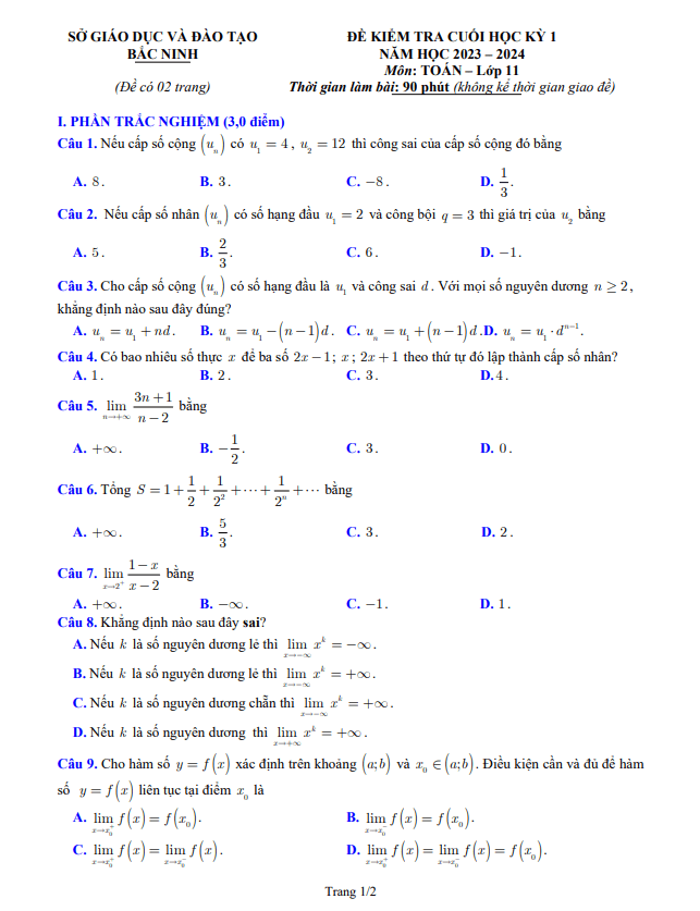 Đề kiểm tra cuối học kỳ 1 Toán 11 năm 2023 2024 sở GD&ĐT Bắc Ninh