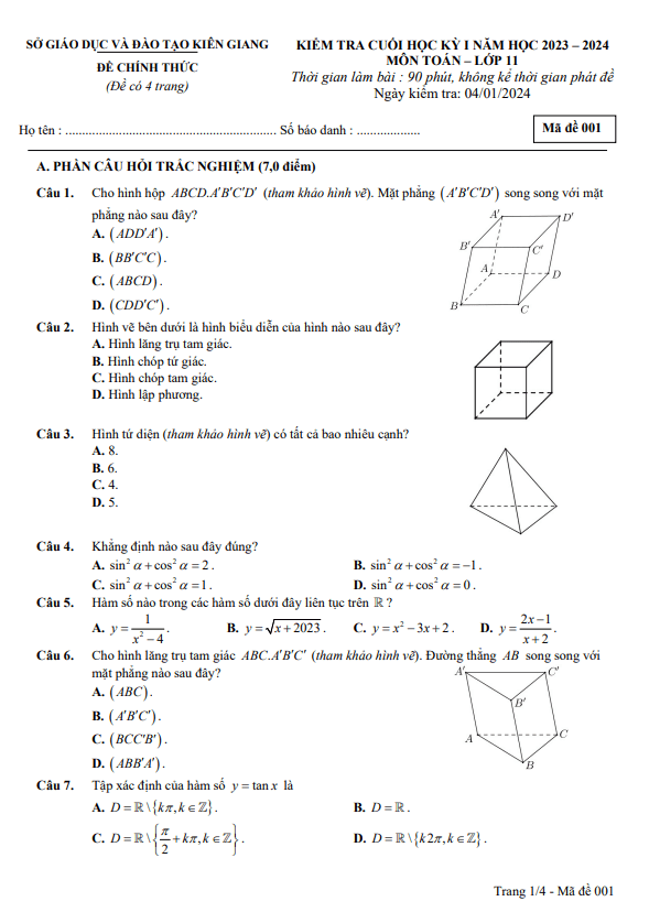 Đề kiểm tra cuối học kỳ 1 Toán 11 năm 2023 2024 sở GD&ĐT Kiên Giang