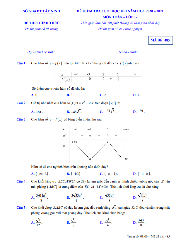 Đề kiểm tra cuối học kỳ 1 Toán 12 năm 2020 2021 sở GD&ĐT Tây Ninh