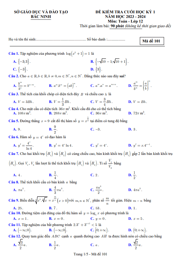 Đề kiểm tra cuối học kỳ 1 Toán 12 năm 2023 2024 sở GD&ĐT Bắc Ninh
