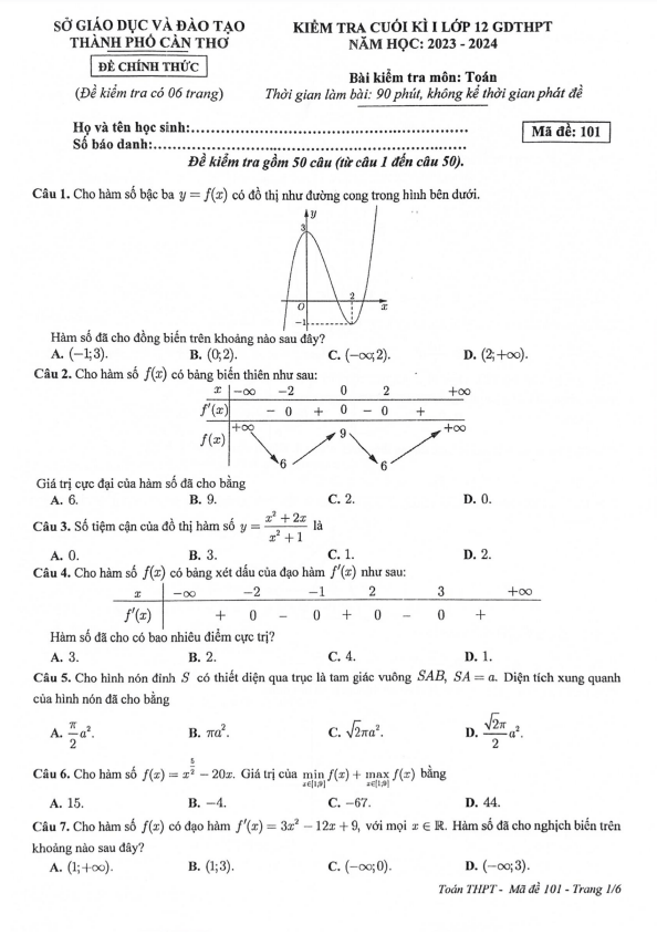 Đề kiểm tra cuối kì 1 Toán 12 năm 2023 2024 sở GD&ĐT Cần Thơ