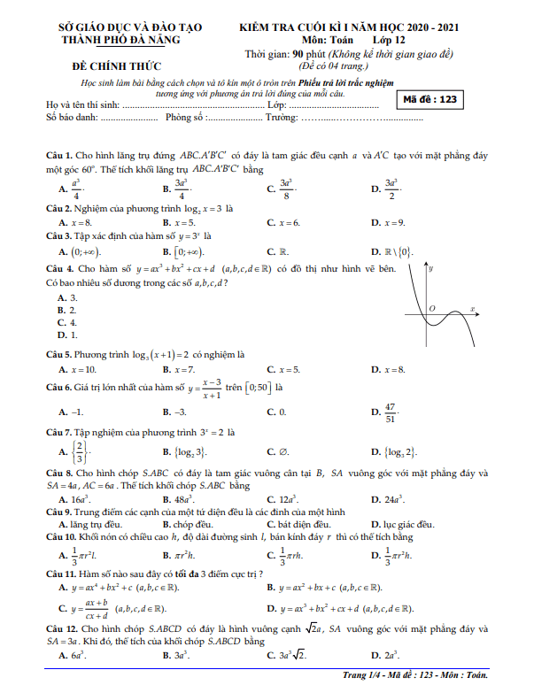 Đề kiểm tra cuối kì 1 Toán 12 năm học 2020 2021 sở GD&ĐT Đà Nẵng