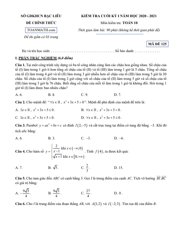 Đề kiểm tra cuối kỳ 1 Toán 10 năm 2020 2021 sở GDKHCN Bạc Liêu