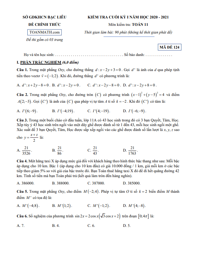 Đề kiểm tra cuối kỳ 1 Toán 11 năm 2020 2021 sở GDKHCN Bạc Liêu