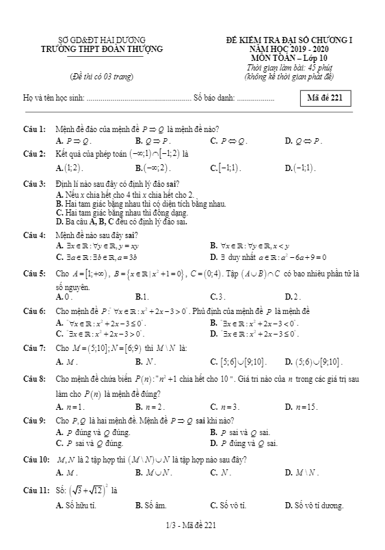Đề kiểm tra Đại số 10 chương 1 năm 2019 2020 trường Đoàn Thượng Hải Dương