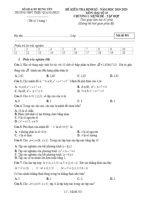 Đề kiểm tra Đại số 10 chương 1 năm 2019 2020 trường Triệu Quang Phục Hưng Yên