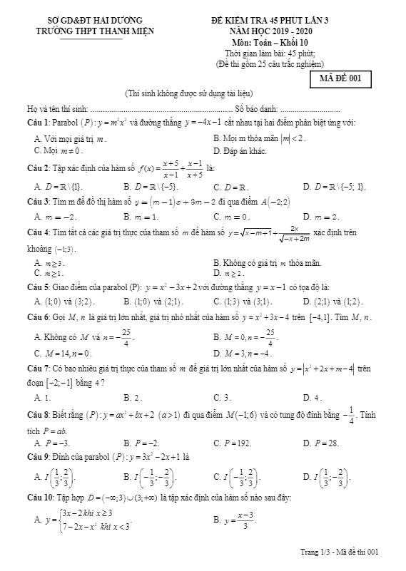 Đề kiểm tra Đại số 10 chương 2 năm 2019 2020 trường Thanh Miện Hải Dương
