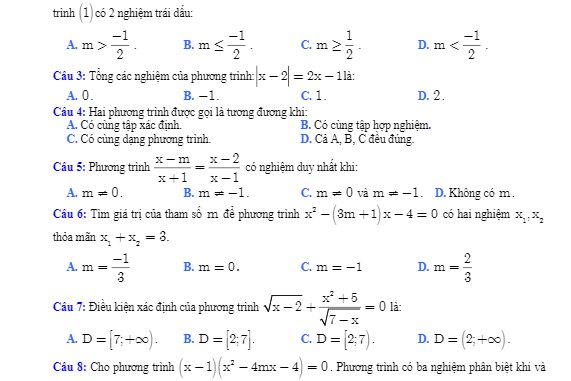 Đề kiểm tra Đại số 10 chương 3 trường THPT Đa Phúc Hà Nội