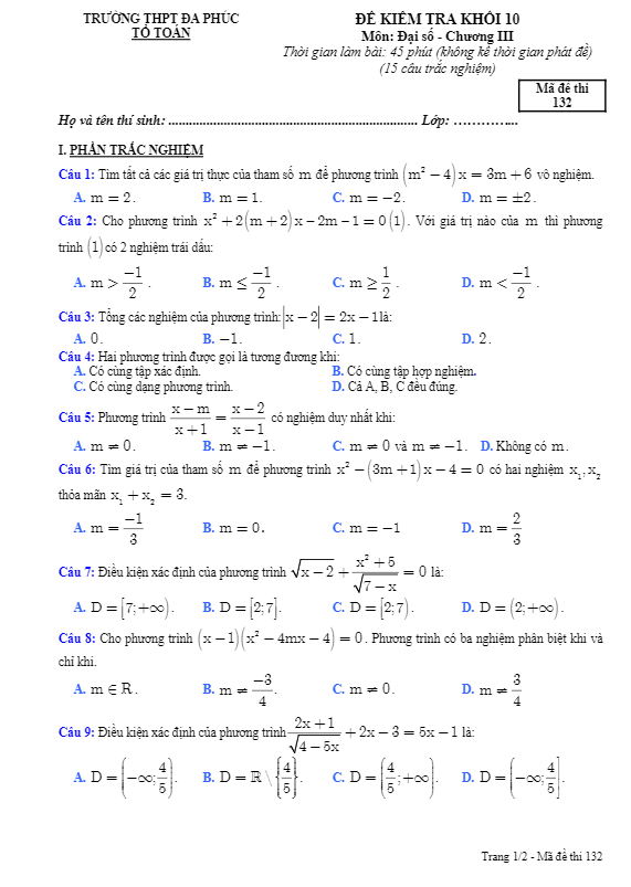 Đề kiểm tra Đại số 10 chương 3 trường THPT Đa Phúc Hà Nội