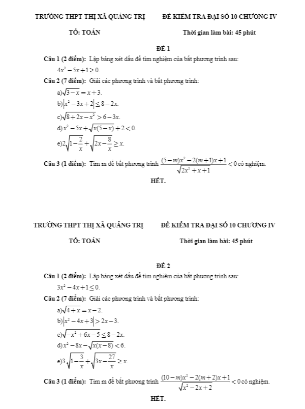 Đề kiểm tra Đại số 10 chương 4 năm 2018 2019 trường THPT Thị xã Quảng Trị