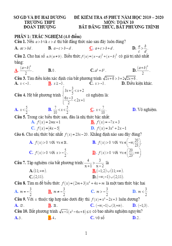 Đề kiểm tra Đại số 10 chương 4 năm 2019 2020 trường Đoàn Thượng Hải Dương