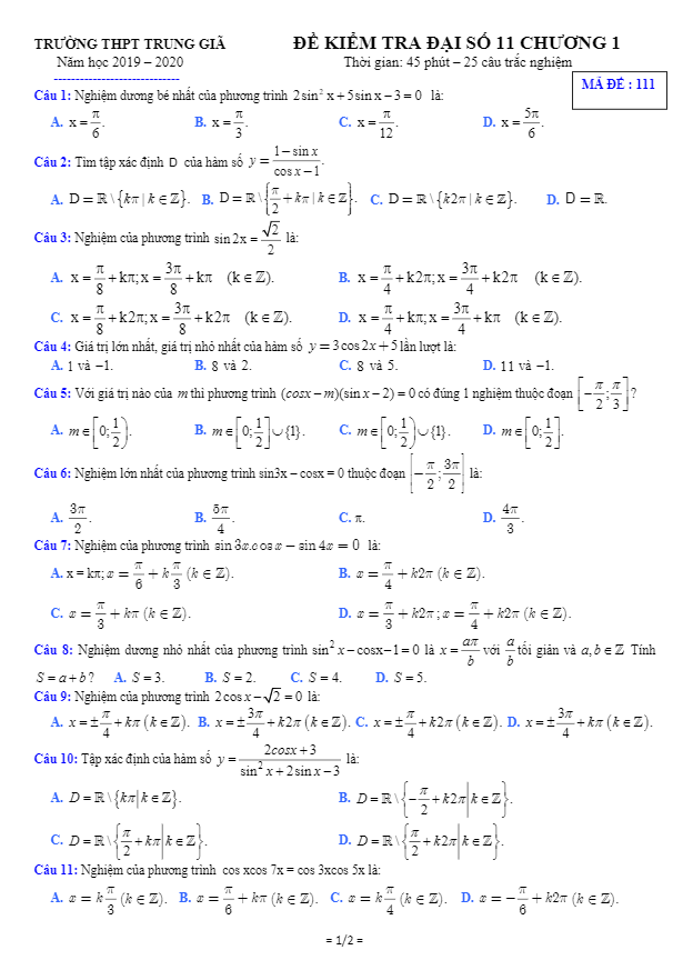 Đề kiểm tra Đại số và Giải tích 11 chương 1 năm 2019 – 2020 trường Trung Giã – Hà Nội