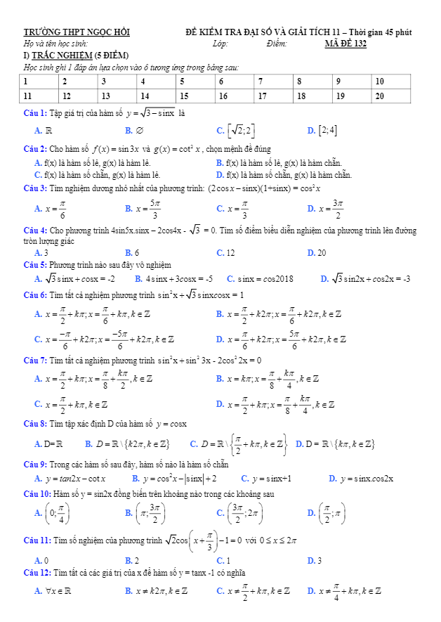 Đề kiểm tra Đại số và Giải tích 11 chương 1 trường THPT Ngọc Hồi Hà Nội