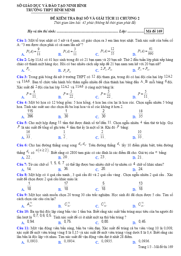 Đề kiểm tra Đại số và Giải tích 11 chương 2 trường THPT Bình Minh Ninh Bình
