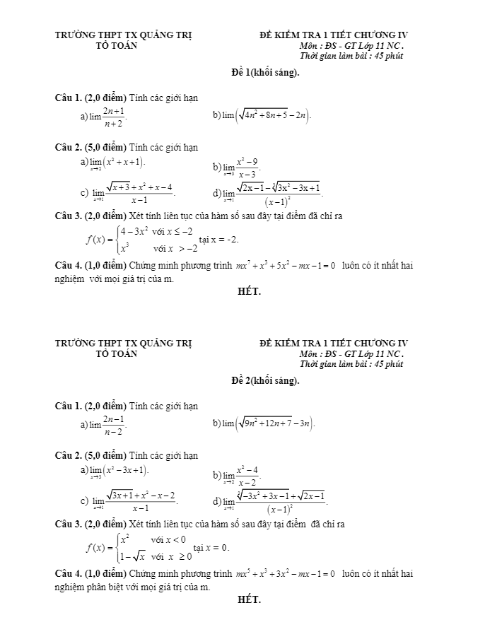Đề kiểm tra Đại số và Giải tích 11 chương 4 năm 2018 2019 trường Thị xã Quảng Trị