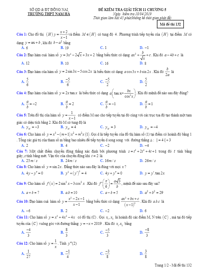 Đề kiểm tra Đại số và Giải tích 11 chương 5 năm 2018 2019 trường Nam Hà Đồng Nai