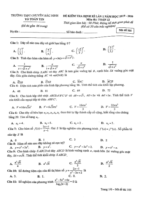 Đề kiểm tra định kì lần 1 Toán 12 năm 2019 2020 trường chuyên Bắc Ninh