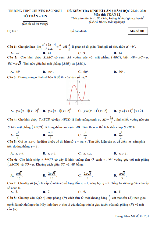 Đề kiểm tra định kì Toán 12 lần 2 năm 2020 2021 trường THPT chuyên Bắc Ninh