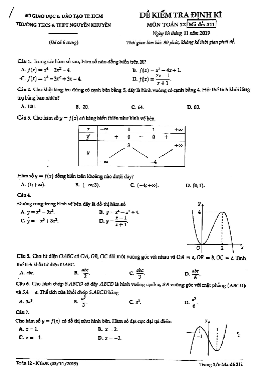 Đề kiểm tra định kì Toán 12 năm 2019 2020 trường Nguyễn Khuyến TP HCM (03/11/2019)