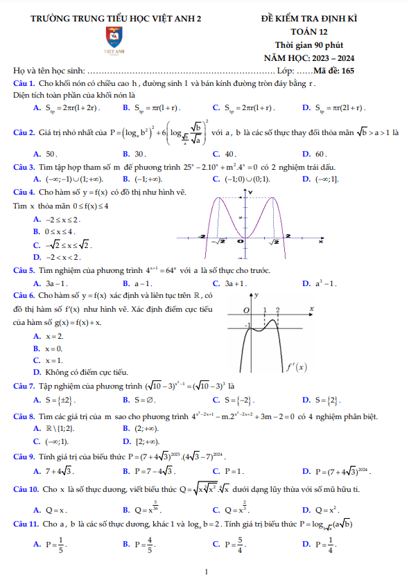 Đề kiểm tra định kì Toán 12 năm 2023 2024 trường Việt Anh 2 Bình Dương