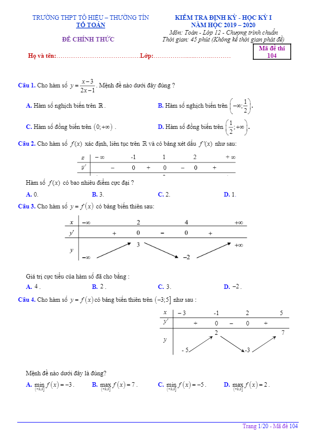 Đề kiểm tra định kỳ HK1 Toán 12 năm 2019 2020 trường Tô Hiệu Hà Nội