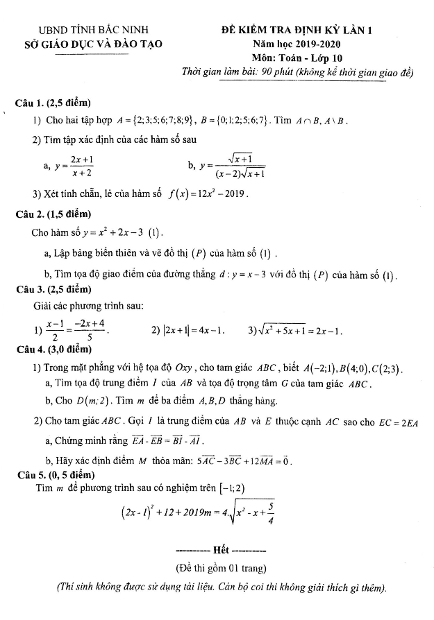 Đề kiểm tra định kỳ lần 1 Toán 10 năm 2019 2020 sở GD&ĐT Bắc Ninh