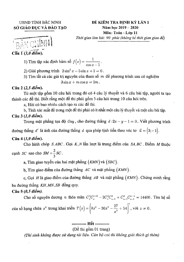 Đề kiểm tra định kỳ lần 1 Toán 11 năm 2019 2020 sở GD&ĐT Bắc Ninh
