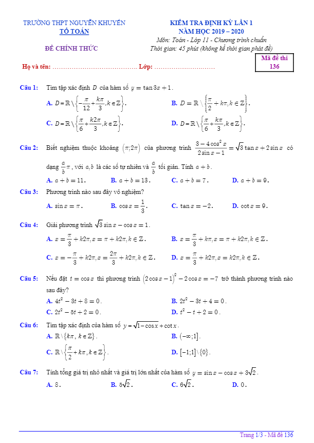 Đề kiểm tra định kỳ lần 1 Toán 11 năm 2019 2020 trường Nguyễn Khuyến An Giang