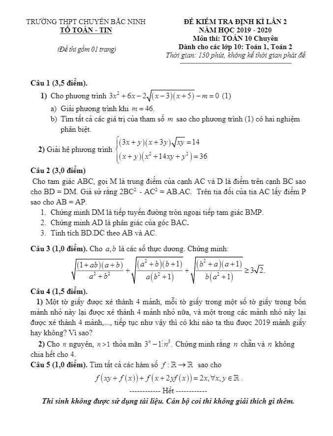 Đề kiểm tra định kỳ lần 2 Toán 10 năm 2019 2020 trường chuyên Bắc Ninh