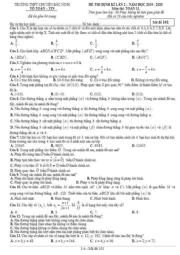 Đề kiểm tra định kỳ lần 2 Toán 11 năm 2019 2020 trường chuyên Bắc Ninh