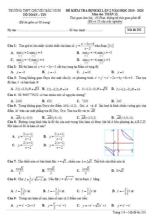 Đề kiểm tra định kỳ lần 2 Toán 12 năm 2019 2020 trường chuyên Bắc Ninh