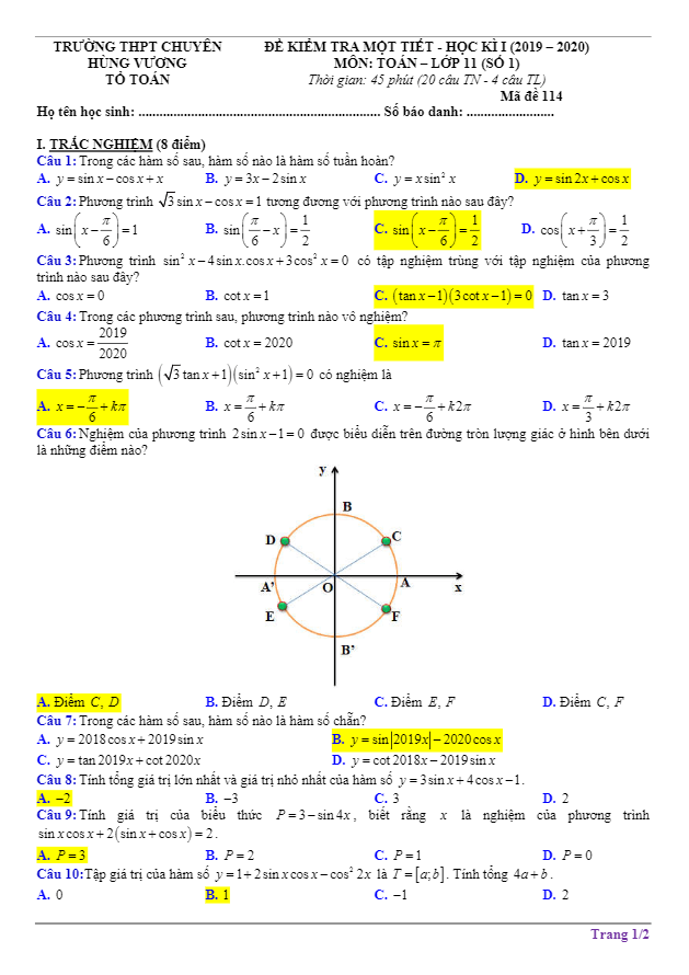 Đề kiểm tra ĐS và GT 11 chương 1 năm 2019 2020 trường chuyên Hùng Vương Gia Lai