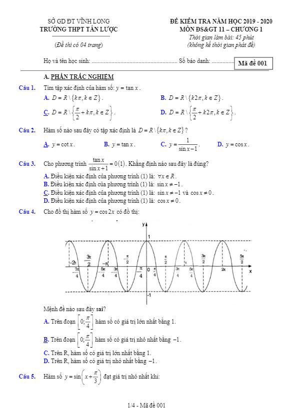 Đề kiểm tra ĐS&GT 11 chương 1 năm 2019 2020 trường Tân Lược Vĩnh Long