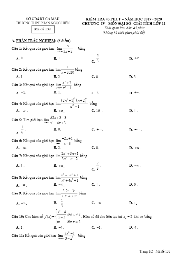 Đề kiểm tra ĐS&GT 11 chương 4 năm 2019 2020 trường THPT Phan Ngọc Hiển Cà Mau