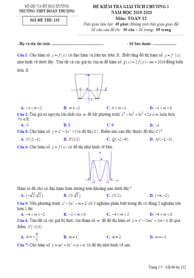 Đề kiểm tra Giải tích 12 chương 1 năm 2019 2020 trường Đoàn Thượng Hải Dương