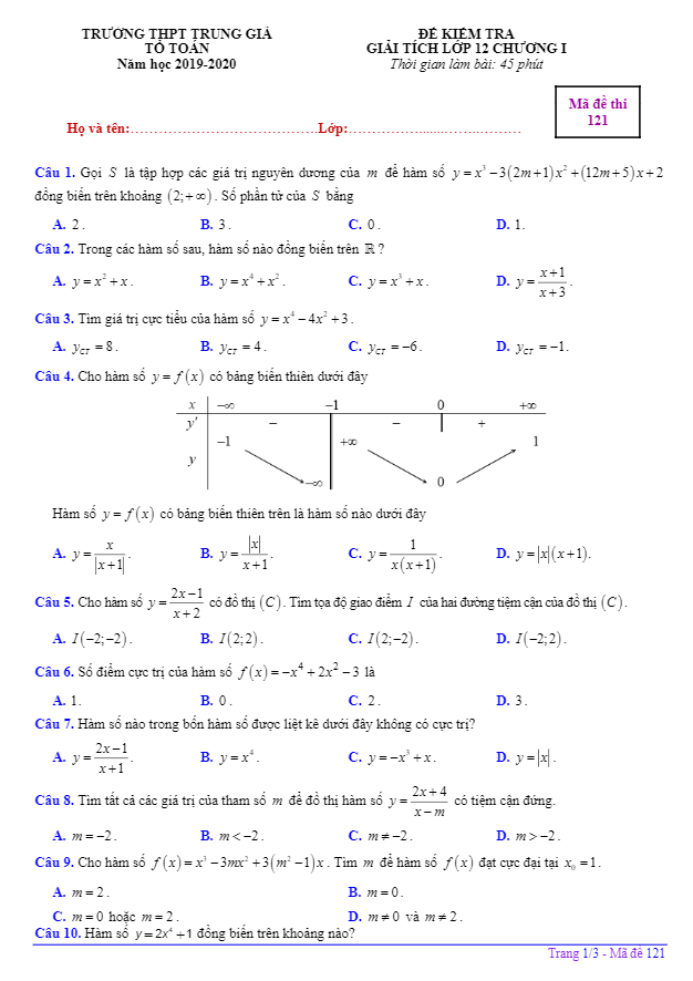 Đề kiểm tra Giải tích 12 chương 1 năm 2019 – 2020 trường Trung Giã – Hà Nội