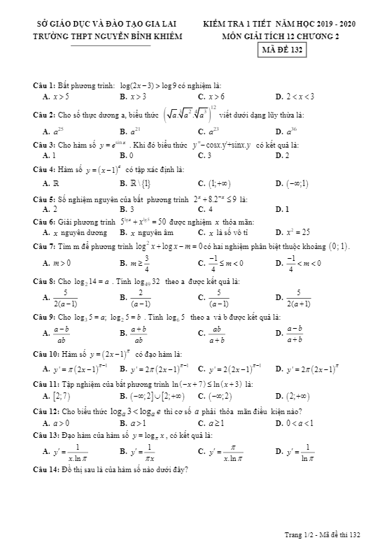 Đề kiểm tra Giải tích 12 chương 2 năm 2019 2020 trường Nguyễn Bỉnh Khiêm Gia Lai