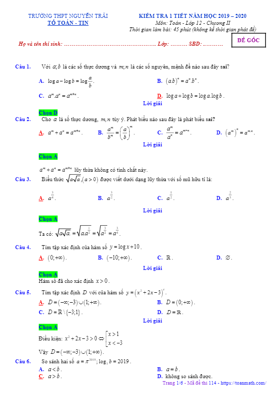 Đề kiểm tra Giải tích 12 chương 2 năm 2019 2020 trường Nguyễn Trãi Đà Nẵng