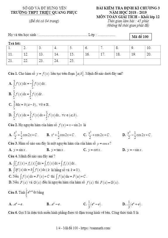 Đề kiểm tra Giải tích 12 chương 3 năm 2018 2019 trường Triệu Quang Phục Hưng Yên