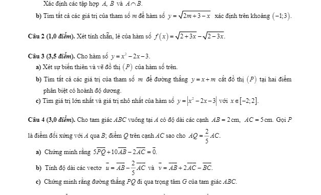 Đề kiểm tra giữa HK1 Toán 10 năm 2019 2020 trường Chu Văn An Hà Nội