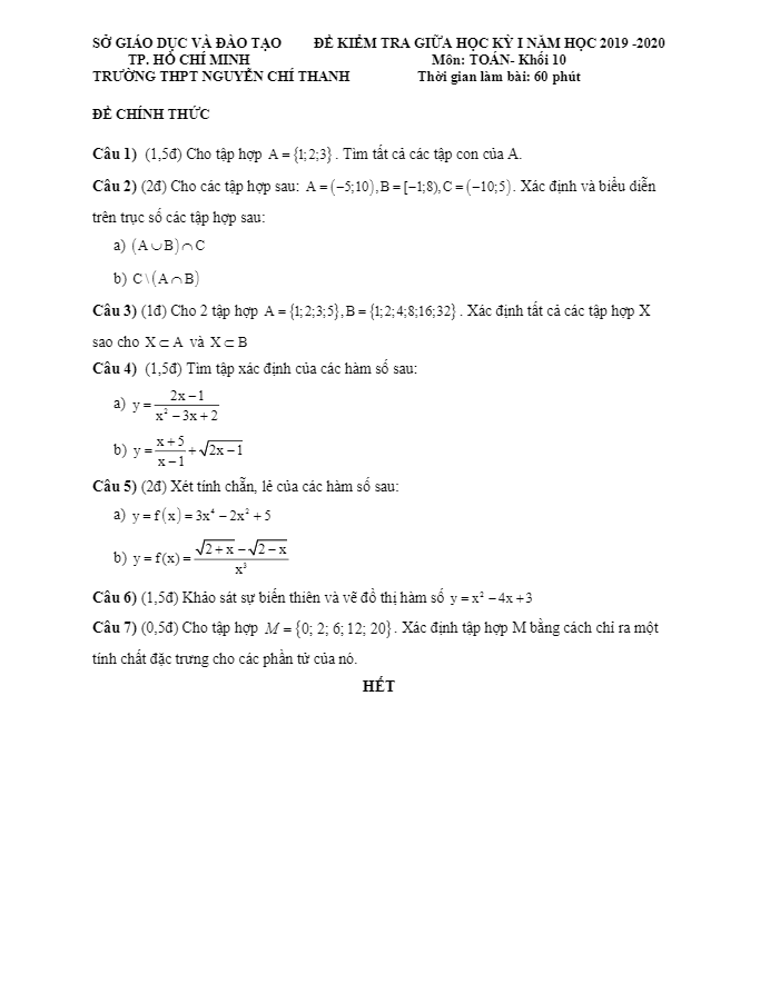 Đề kiểm tra giữa HK1 Toán 10 năm 2019 2020 trường Nguyễn Chí Thanh TP HCM