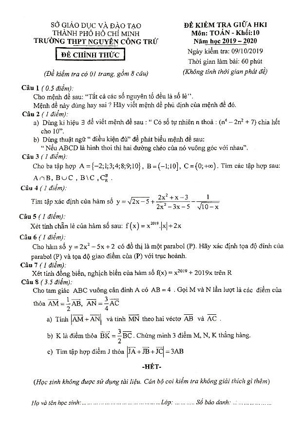 Đề kiểm tra giữa HK1 Toán 10 năm 2019 2020 trường Nguyễn Công Trứ TP HCM