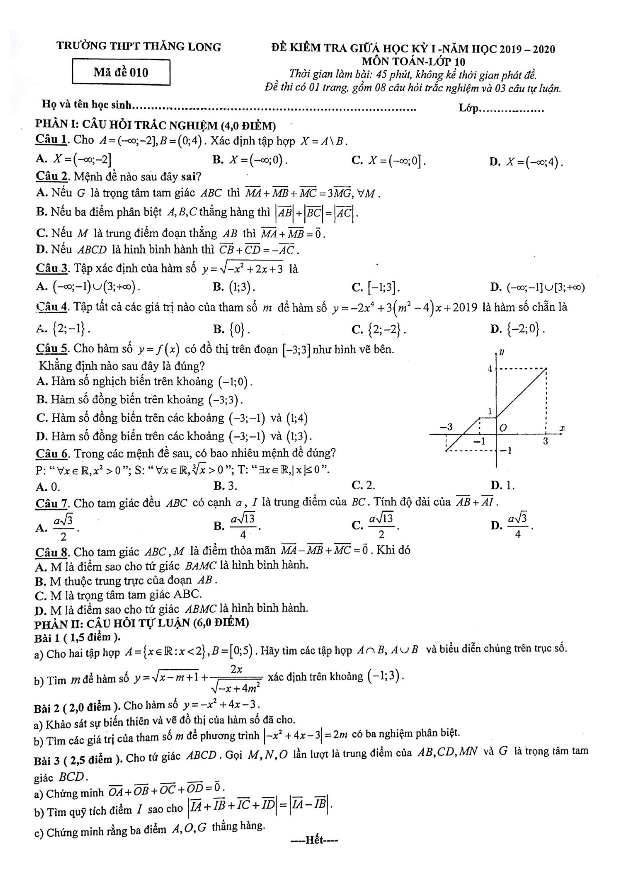 Đề kiểm tra giữa HK1 Toán 10 năm 2019 2020 trường Thăng Long Hà Nội